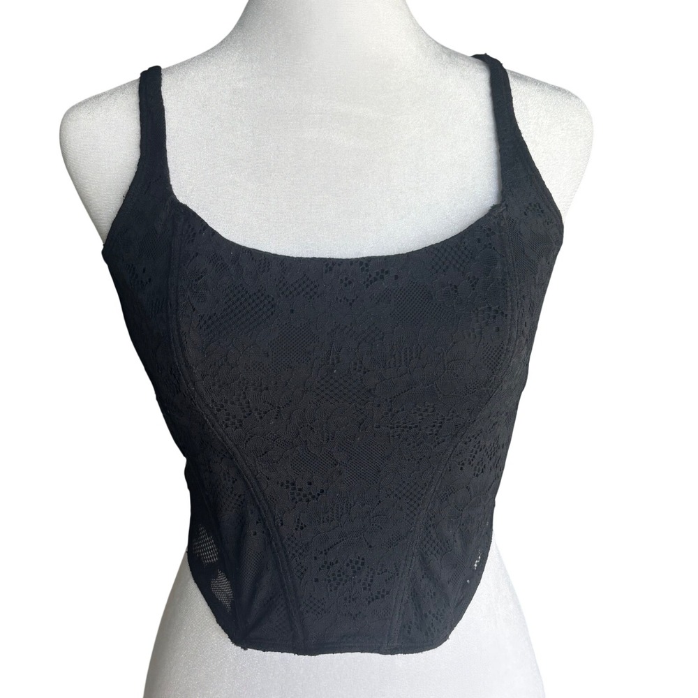 Black Floral Lace Corset Top Hook Eye Whimsigoth Romantic Regency Hollister Sz M